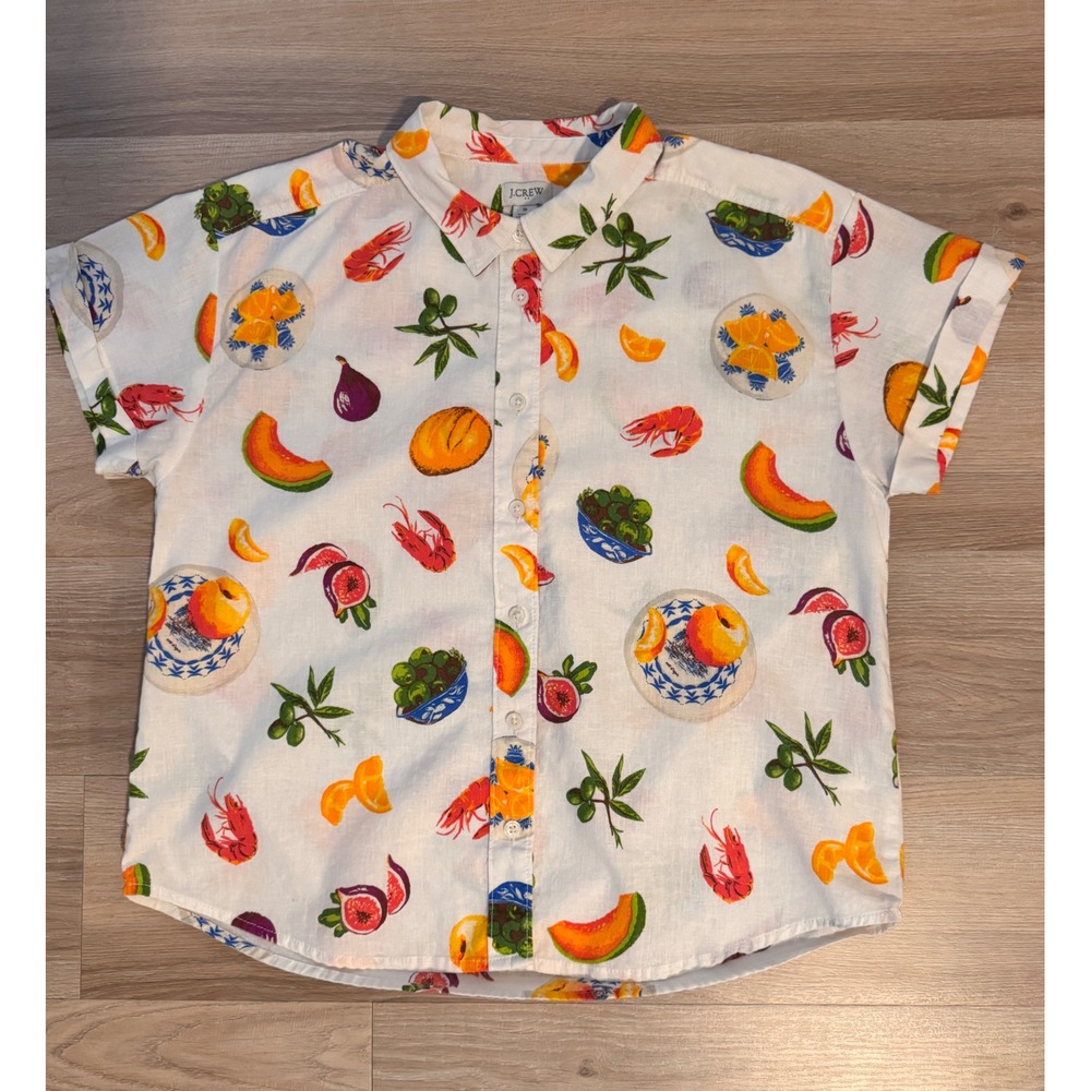 J.Crew Womens Linen Cotton Fruit Print Button Down Shirt White Size Small